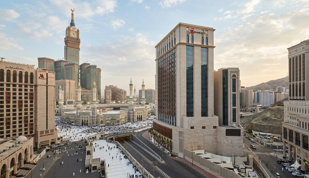 Exterior view of the Makkah Marriott Hotel and Clock Tower, Jabal Omar.