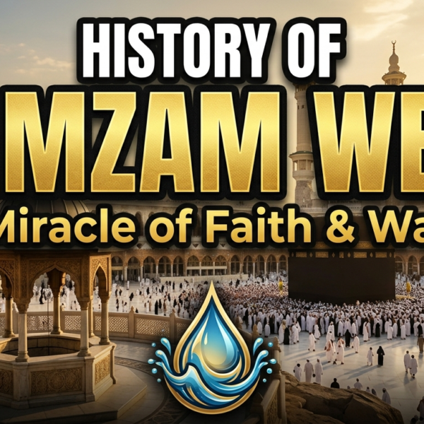 A premium Islamic history thumbnail featuring a bold gold title "ZAMZAM WELL"