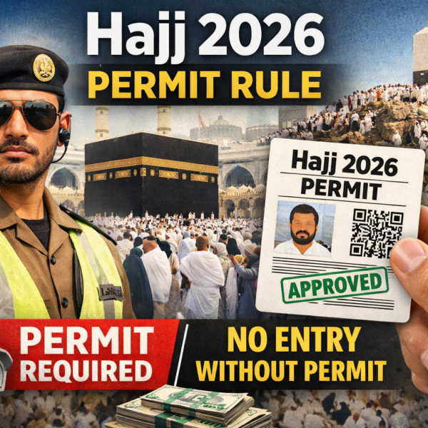 Saudi officer stopping crowd with Hajj 2026 permit card and Kaaba background